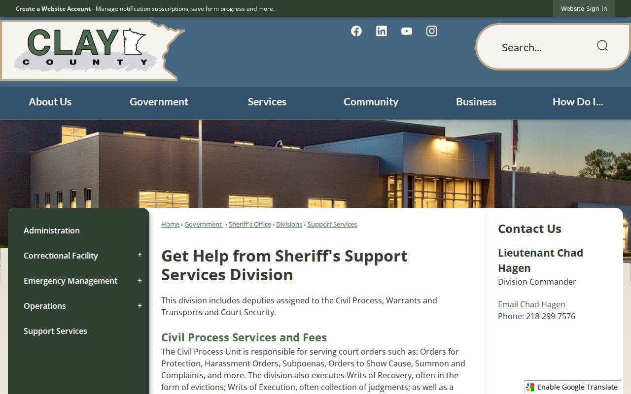Clay County bench warrant questions routed to the sheriff warrant and transport unit
