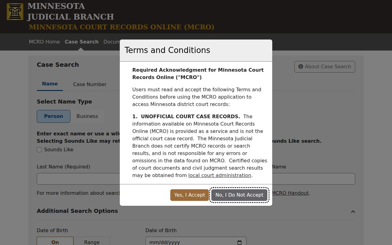 Clay County warrant records search on the Minnesota court case search screen